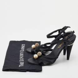 مملوكة مسبقًا Chanel Black Satin And Fabric Embellished Strappy Sandals Size 39.5
