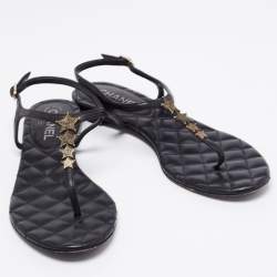 مملوكة مسبقًا Chanel Black Leather Star Embellished Ankle Strap Flat Thong Sandals Size 41