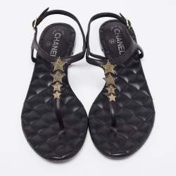 مملوكة مسبقًا Chanel Black Leather Star Embellished Ankle Strap Flat Thong Sandals Size 41