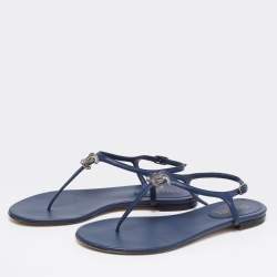 مملوكة مسبقًا Chanel Navy Blue Leather CC Crystal Embellished Flat Thong Sandals Size 41