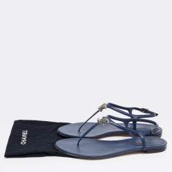 مملوكة مسبقًا Chanel Navy Blue Leather CC Crystal Embellished Flat Thong Sandals Size 41