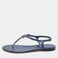 مملوكة مسبقًا Chanel Navy Blue Leather CC Crystal Embellished Flat Thong Sandals Size 41