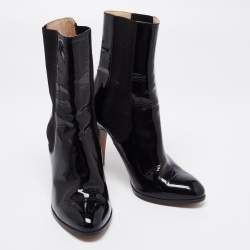 Chanel Black Patent Leather CC Mid Calf Boots Size 38.5
