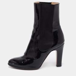Chanel Black Patent Leather CC Mid Calf Boots Size 38.5