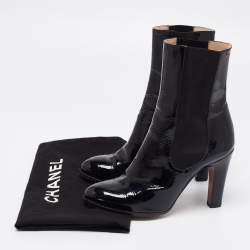 Chanel Black Patent Leather CC Mid Calf Boots Size 38.5