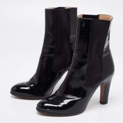Chanel Black Patent Leather CC Mid Calf Boots Size 38.5
