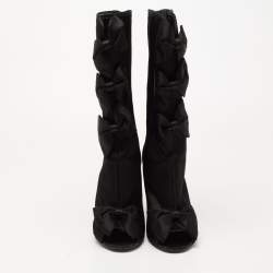 Pre Owned Chanel Black Satin CC Bow Detail Peep Toe Mid Calf Boots Size 39.5