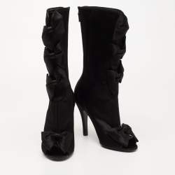 Pre Owned Chanel Black Satin CC Bow Detail Peep Toe Mid Calf Boots Size 39.5