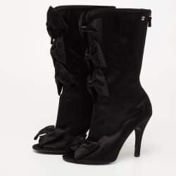 Pre Owned Chanel Black Satin CC Bow Detail Peep Toe Mid Calf Boots Size 39.5