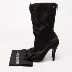 Pre Owned Chanel Black Satin CC Bow Detail Peep Toe Mid Calf Boots Size 39.5
