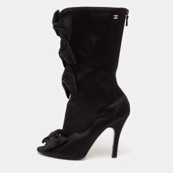 Pre Owned Chanel Black Satin CC Bow Detail Peep Toe Mid Calf Boots Size 39.5