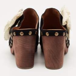 Pre Owned Chanel Black Suede Studded Wood Platform Clogs Size 41