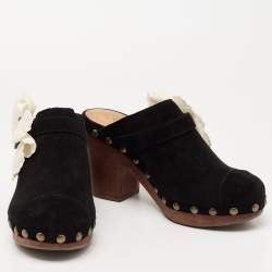 Pre Owned Chanel Black Suede Studded Wood Platform Clogs Size 41