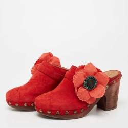 Chanel Red Suede Studded Wood Platform Clogs Size 41