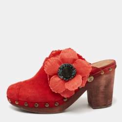 Chanel Red Suede Studded Wood Platform Clogs Size 41
