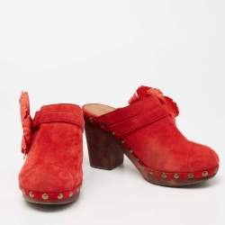Chanel Red Suede Studded Wood Platform Clogs Size 41