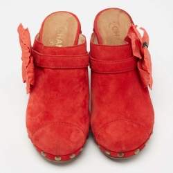 Chanel Red Suede Studded Wood Platform Clogs Size 41