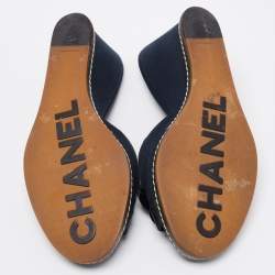 Chanel Blue/Black Camellia Slide Wedge Sandals Size 40.5