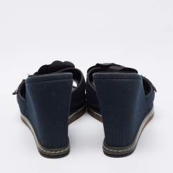 Chanel Blue/Black Camellia Slide Wedge Sandals Size 40.5