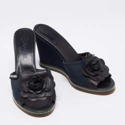 Chanel Blue/Black Camellia Slide Wedge Sandals Size 40.5