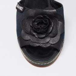 Chanel Blue/Black Camellia Slide Wedge Sandals Size 40.5