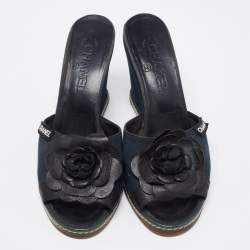 Chanel Blue/Black Camellia Slide Wedge Sandals Size 40.5