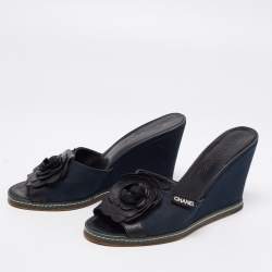 Chanel Blue/Black Camellia Slide Wedge Sandals Size 40.5