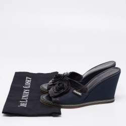 Chanel Blue/Black Camellia Slide Wedge Sandals Size 40.5