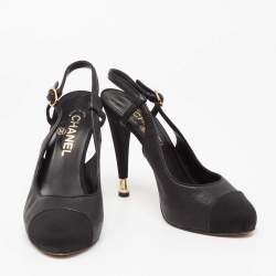 Pre Owned Chanel Black Leather and Fabric Cap Toe Slingback Pumps Size 39