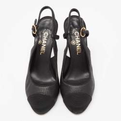 Pre Owned Chanel Black Leather and Fabric Cap Toe Slingback Pumps Size 39