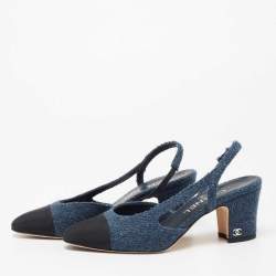 Chanel Navy Blue/Black Tweed And Canvas Cap Toe Slingback Sandals