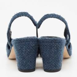 مملوكة مسبقًا صندل شانيل كانفاس وتويد أزرق كحلي/أسود مقدمة سوداء فتحة كعب مقاس 36