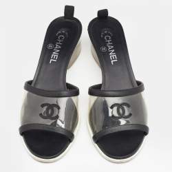 Chanel Black Leather And PVC CC Block Heel Slide Sandals Size 40