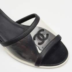 Chanel Black Leather And PVC CC Block Heel Slide Sandals Size 40