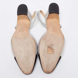 Pre Owned Chanel Silver/Black Leather and Fabric Cap Toe Slingback Sandals Size 36