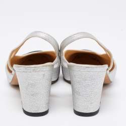 Pre Owned Chanel Silver/Black Leather and Fabric Cap Toe Slingback Sandals Size 36