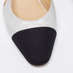 Pre Owned Chanel Silver/Black Leather and Fabric Cap Toe Slingback Sandals Size 36