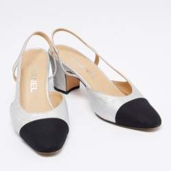 Pre Owned Chanel Silver/Black Leather and Fabric Cap Toe Slingback Sandals Size 36