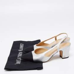 Pre Owned Chanel Silver/Black Leather and Fabric Cap Toe Slingback Sandals Size 36