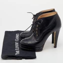 Chanel Black Leather CC Cap Toe Lace Up Platform Ankle Boots Size 38