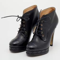 Chanel Black Leather CC Cap Toe Lace Up Platform Ankle Boots Size 38