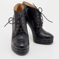 Chanel Black Leather CC Cap Toe Lace Up Platform Ankle Boots Size 38