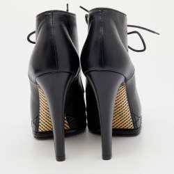 Chanel Black Leather CC Cap Toe Lace Up Platform Ankle Boots Size 38