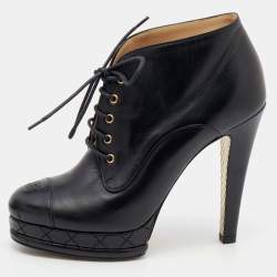 Chanel Black Leather CC Cap Toe Lace Up Platform Ankle Boots Size 38