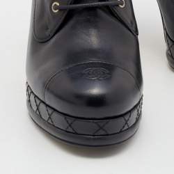 Chanel Black Leather CC Cap Toe Lace Up Platform Ankle Boots Size 38