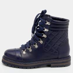 Chanel Blue Quilted Leather CC Combat Boots Size 38