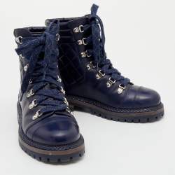 Chanel Blue Quilted Leather CC Combat Boots Size 38