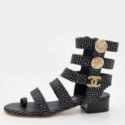 Pre Owned Chanel Black/White Tweed CC Gladiator Sandals Size 37.5