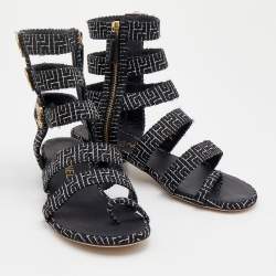 Pre Owned Chanel Black/White Tweed CC Gladiator Sandals Size 37.5