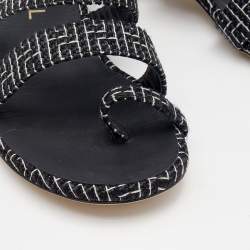 Pre Owned Chanel Black/White Tweed CC Gladiator Sandals Size 37.5